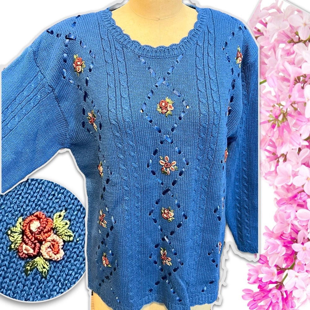 VINTAGE 90s floral embroidered knit sweater ribbon crochet cottagecore coquette